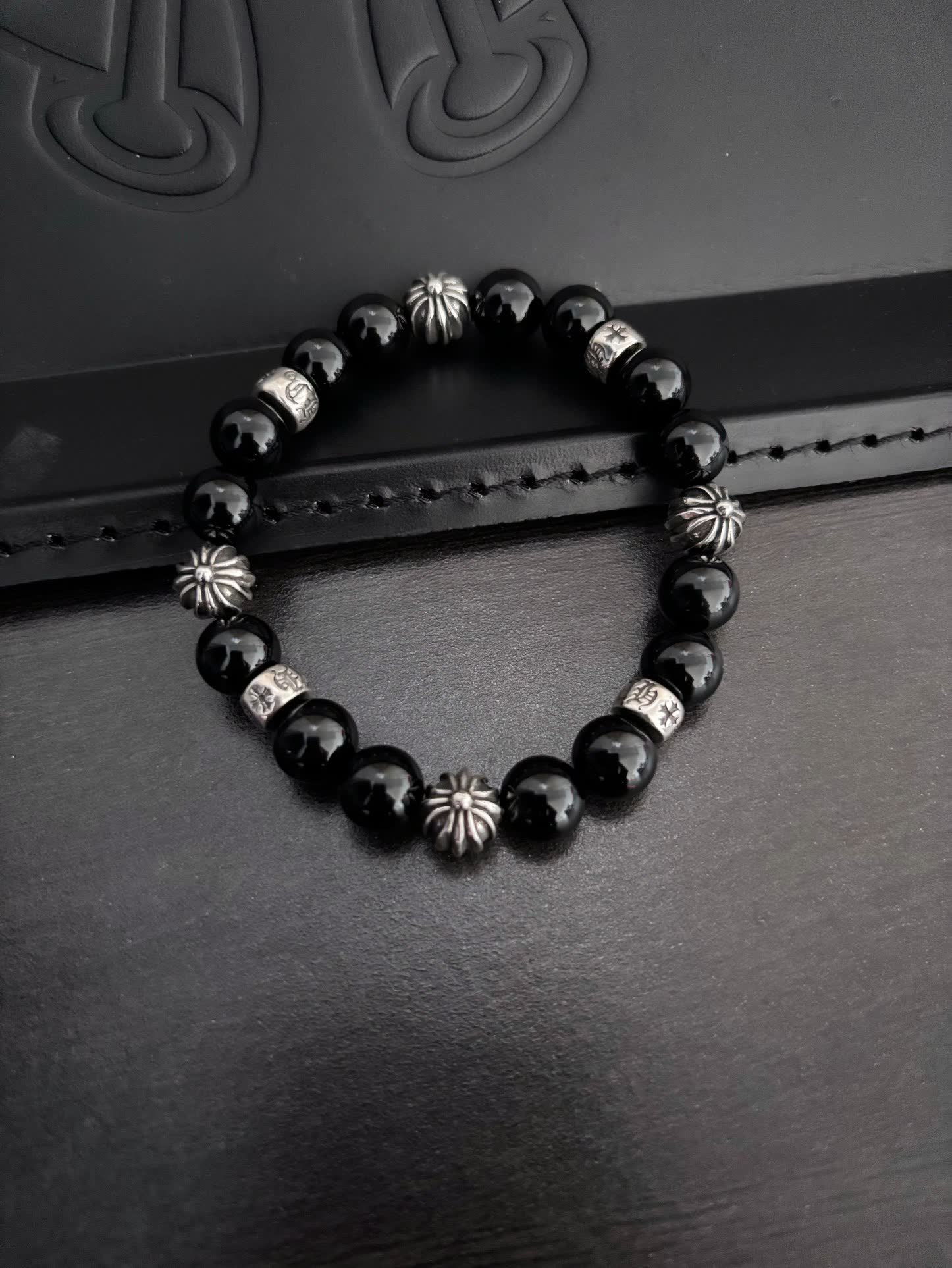 Chrome Hearts Elegant Black Bead Bracelet with Silver Accents